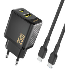 Dudao USB-A USB-C sienas lādētājs ar USB-C GaN PD QC 25W kabeli - melns