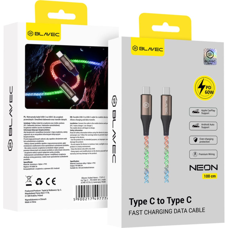 Blavec Kabel Neon - TYP C na Typ C - PD 60W 3A 1 metre (CNE-CC3L1) luminous RGB