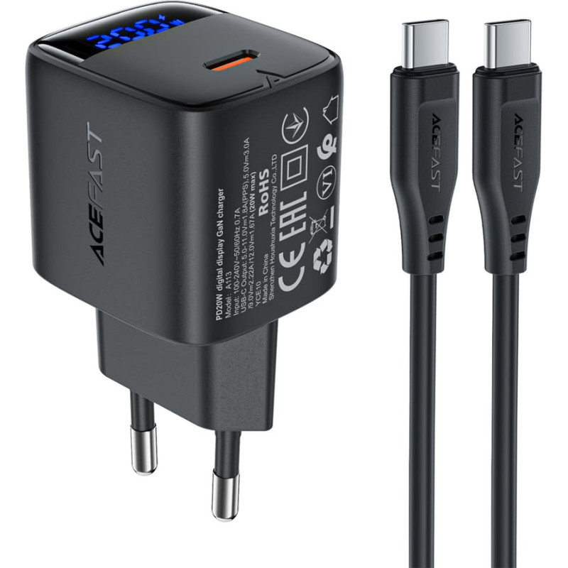 Acefast A113 GaN PD 20W USB-C Wall Charger with Display with USB-C Cable - Black