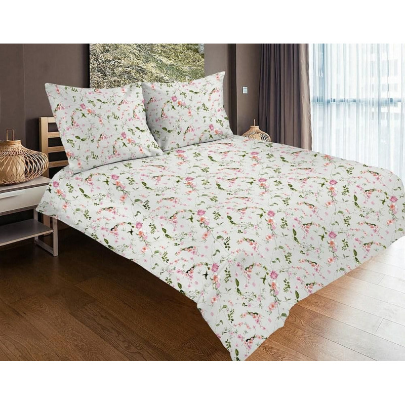 Satīna gultasveļa 220x200 42A Ekskluzīva rīta krāšņuma mazi ziedi krēmkrāsas roze zaļa