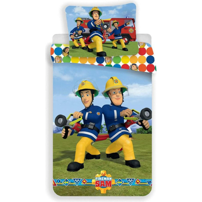 Kokvilnas gultas veļa 140x200 Fireman Sam 4560 Fire Brigade action ugunsdzēsēji ar punktiem krāsaina spilvendrāna 70x90