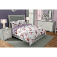 Kokvilnas gultas veļa 220x200 Eufloria 005 dārza rozes baltas violetas rozā koraļļu abpusējās