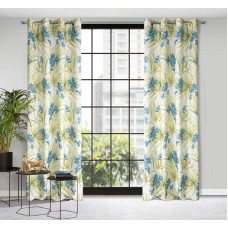 Aizkars 140x250 mari balts zils ar krāsainu ziedu apdruku, kas gatavs uz starplikām