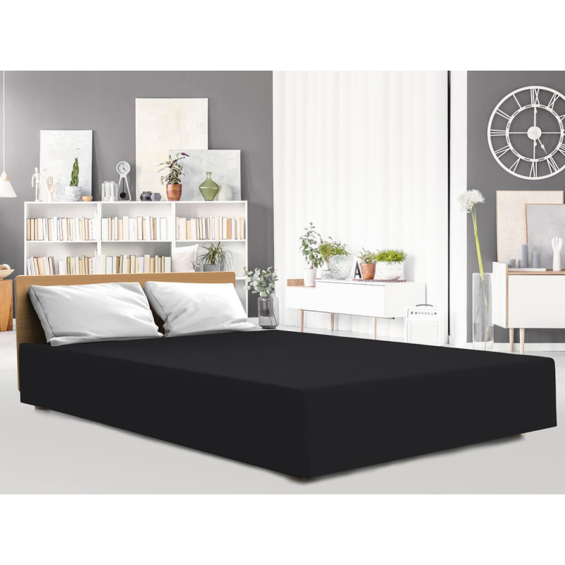 Pieguļošs palags elastāna džersijs 140x200 melns ar gumiju augstajam matracim 25 cm Luksusa