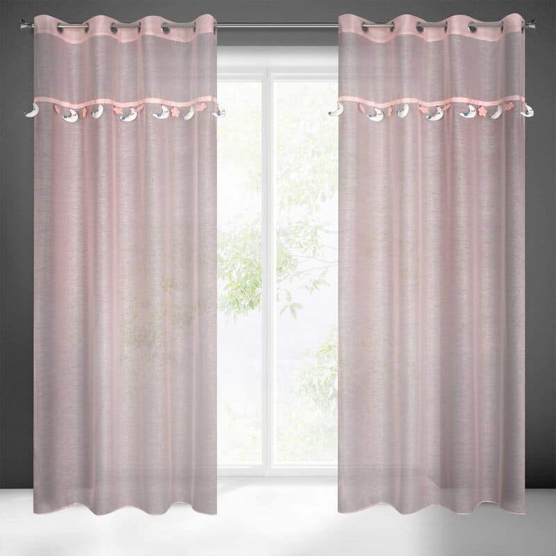 Aizkars 140x250 Moon 2 rozā ar krāsainu aplikāciju bērniem, gatavs uz starplikām