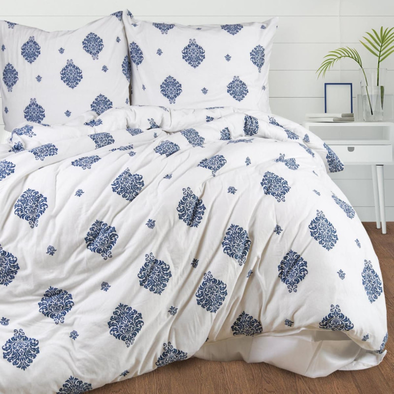 Džersijas gultas veļa 160x200 Ornamenti balti tumši zili 2203 JERSEYLOVE