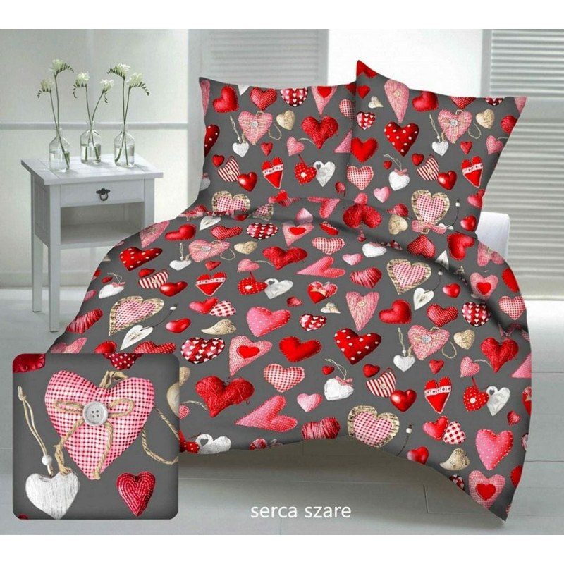 Gultasveļa no mizas 140x200 pelēkas tumši sarkanas sirsniņas Valentīna diena ar pogām 100% kokvilna