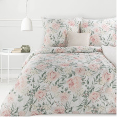 Satīna gultasveļa 140x200 Spring 13 Roses krēmkrāsas rozā zaļa ar vienu spilvendrānu