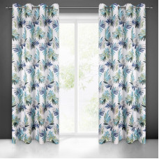 Aizkars 140x250 Sabrina balts zils ar krāsainu lapu rakstu, kas izgatavots no gaiši matētas mikrošķiedras, gatavs uzliktņiem