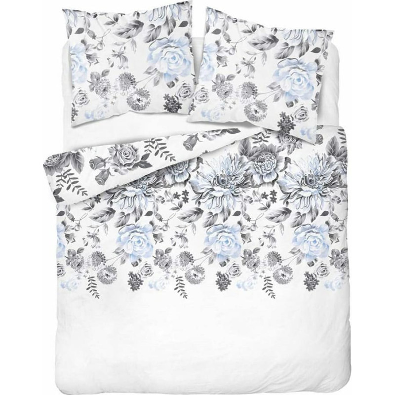 Kokvilnas gultasveļa 180x200 balti pelēki zili ziedi 4462 B kokvilna 40