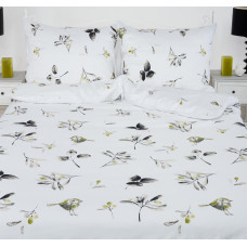 Satīna gultasveļa 200x220 Sofija 10 Lapas putni baltās olīvas 18845