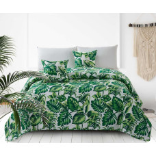 Dekoratīvs gultas pārklājs 240x220 balts zaļš monstera palmu lapas stepēts Palms