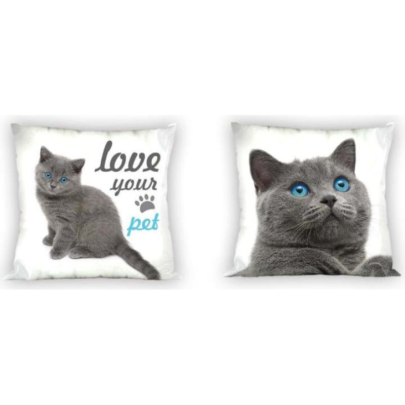 Bērnu spilvendrāna 40x40 3D Cat pelēkas zilas acis pet 9559