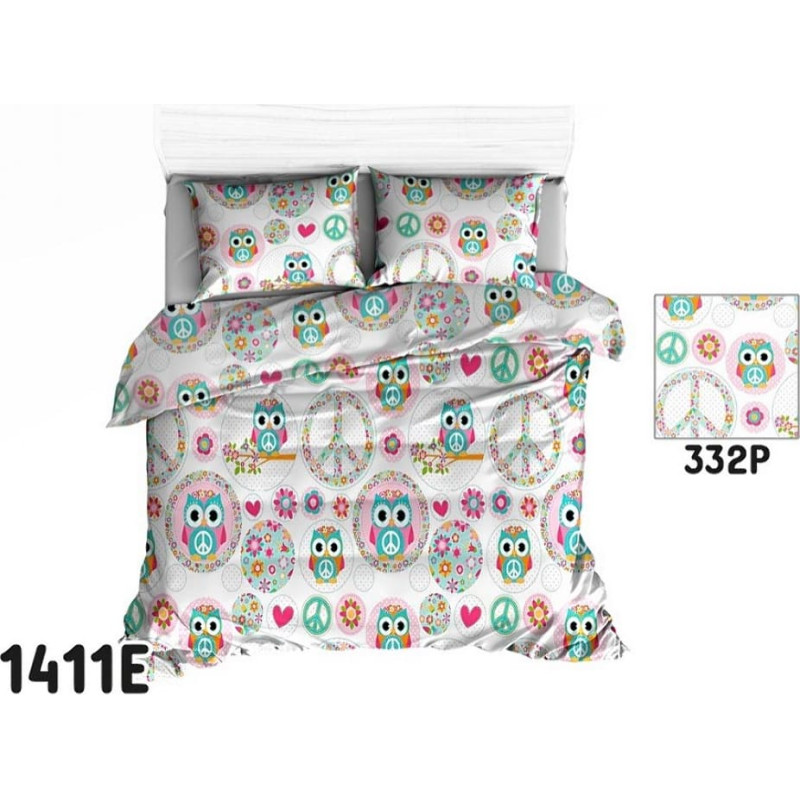 Kokvilnas gultasveļa 140x200 1411E balta pūces rozā apļi ziedi polka punkti 332P