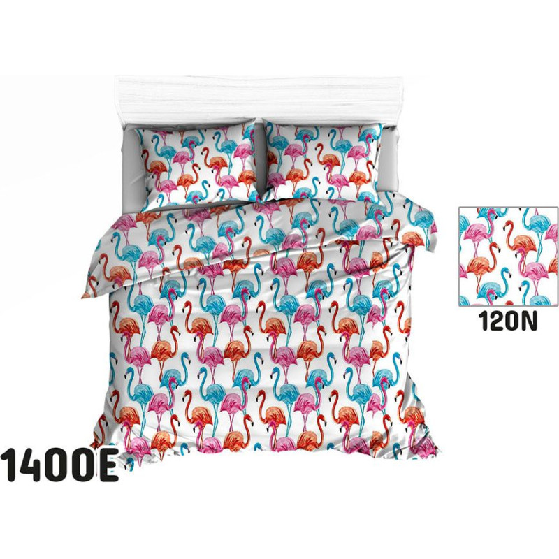 Kokvilnas gultasveļa 140x200 1400E balti flamingo krāsains svētku raksts 120N