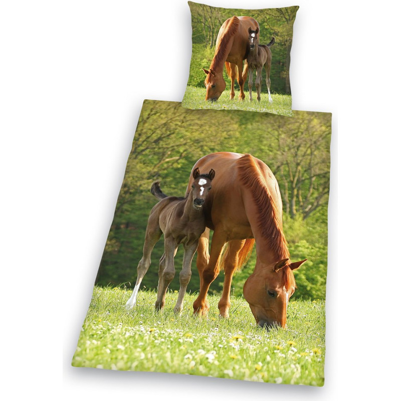 Kokvilnas gultasveļa 140x200 Horses 8797 pļavas pavasara spilvendrāna 70x90