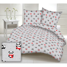 Kokvilnas gultasveļa 140x200 1549E pelēkas laimīgas pandas šalles sarkanas sirdis