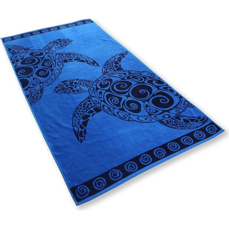 Decoking Pludmales dvielis 90x180 Navyturtle 0432 Blue bruņurupuči spirāles tum&scaron;i zilas svītras