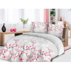 Satīna gultasveļa 140x200 1448/1 rozā magnolijas ziedi balti pelēki Satynlove