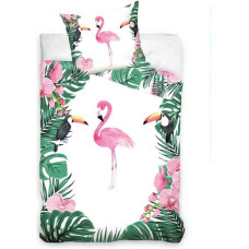 Kokvilnas gultas veļa 140x200 flamingo tukāna monstera lapas 6049
