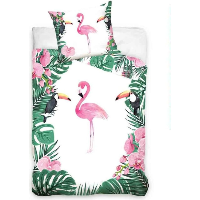 Kokvilnas gultas veļa 140x200 flamingo tukāna monstera lapas 6049