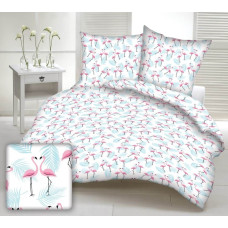 Kokvilnas gultasveļa 140x200 1657E balti flamingo rozā zilas palmu lapas