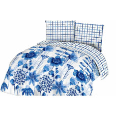 Kokvilnas gultasveļa 180x200 ziedi rūtaini balti tumši zili 71413/1 Cottonlove