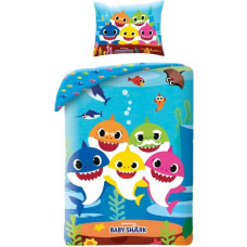 Kokvilnas gultas veļa 140x200 Baby Shark 6497 laimīgās haizivis zivju zila abpusēja spilvendrāna 70x90