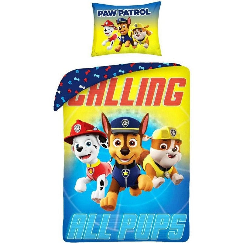 Kokvilnas pakaiši 140x200 Paw Patrol Paw Chase Marshall Rubble suņu kucēni Visi Pups dzelteni zila 7371 spilvendrāna 70x90