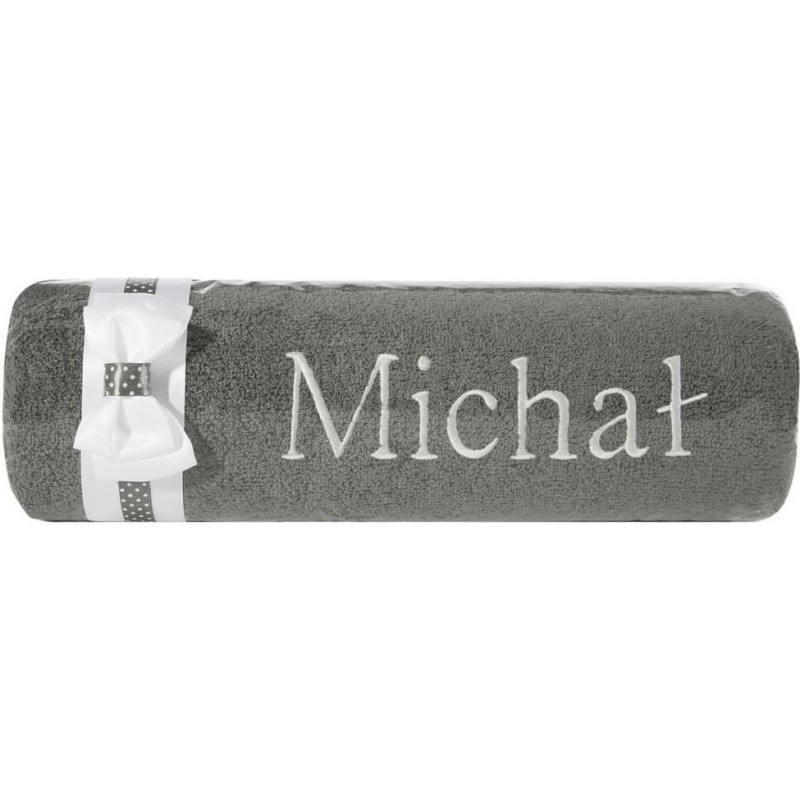 Dvielis ar izšuvumu 50x90 Michał grafīta balta bantīte vārda dienas dāvanai