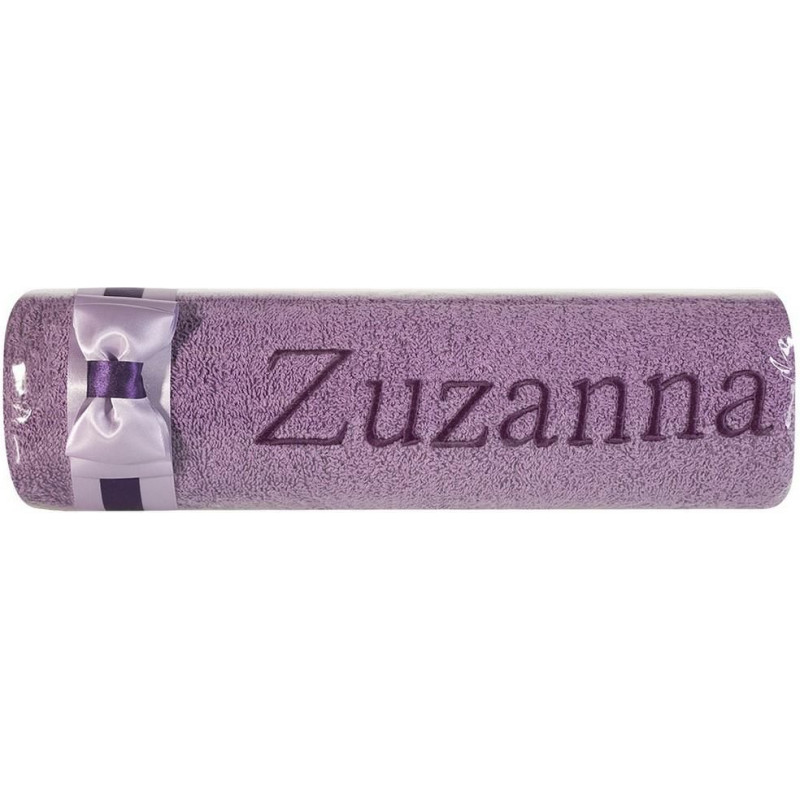 Dvielis ar izšuvumu 50x90 Zuzanna violeta viršu bantīte vārda dienas dāvanai