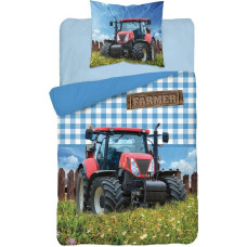 Kokvilnas pakaiši 140x200 Traktors sarkans Farmer saimniecības lauks zils režģis 3155A