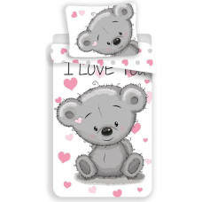 Kokvilnas gultas veļa 140x200 Teddy Bear plīša lācīši lācīša sirsniņas I love you 4614 balta pelēka rozā spilvendrāna 70x90