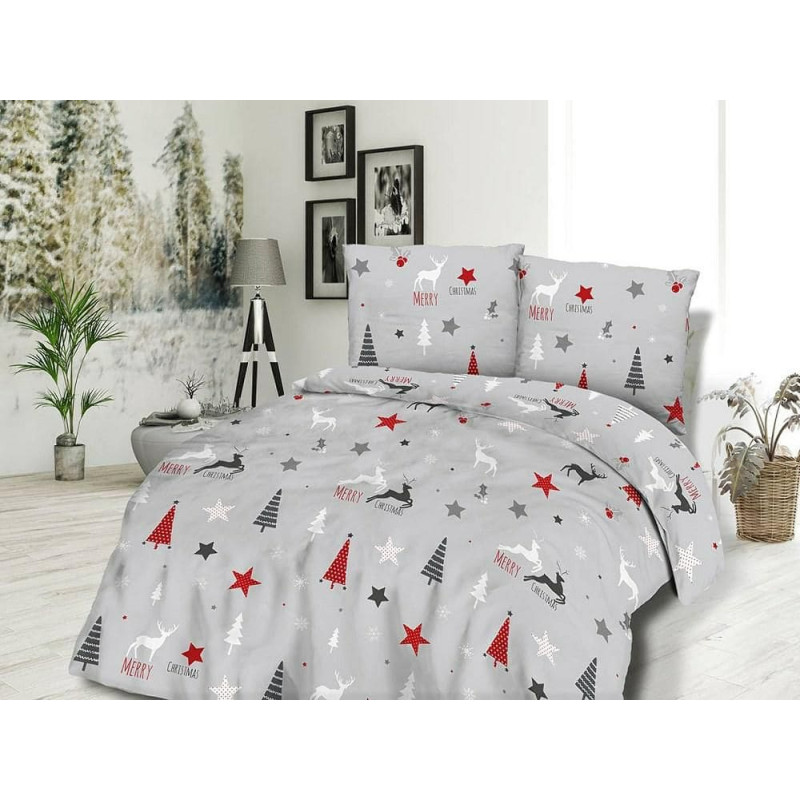 Flaneļa gultasveļa 180x200 Ziemassvētku eglītes ziemeļbrieži zvaigznes sniega bumbas sniegpārslas pelēkas sarkanas Priecīgus Ziemassvētkus 31475/1