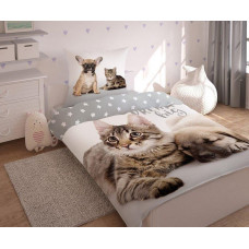 Kokvilnas gultasveļa 140x200 3361 A Sweet Kitty Dog kaķis suns zvaigznes kaķis suns balts pelēks