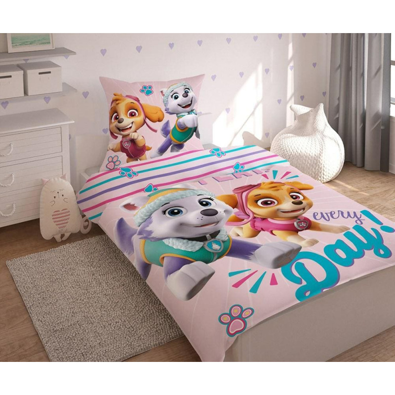 Kokvilnas gultasveļa 140x200 Paw Patrol Paw 7402 gaiši rozā Katru dienu Skye Everest PP 10 DC svītrainās ķepas