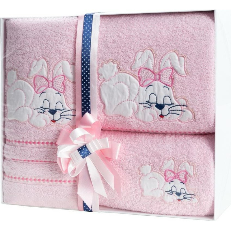 Dvieļu komplekts 3 gab T/0344 Baby 38 Rozā zaķis kastītē dāvanu komplekts bērna dāvanai