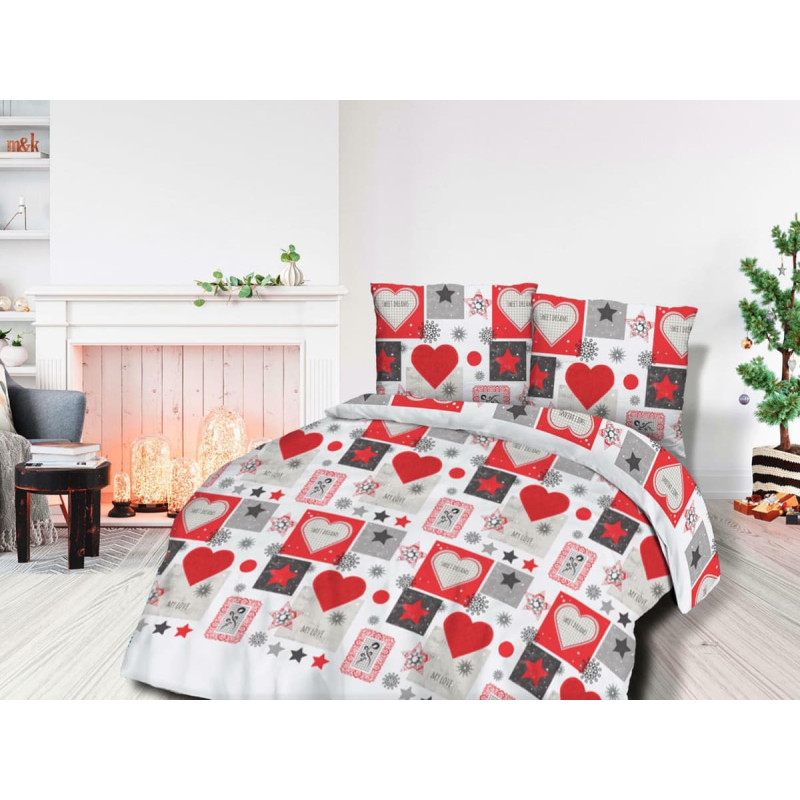 Flaneļa gultas veļa 180x200 Ziemassvētki 31482/1 pelēki sarkani balti sirsniņas zvaigznes sniegpārslas
