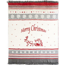 Akrila kokvilnas sega 150x200 54 JB Ziemassvētku Priecīgus Ziemassvētkus Ziemassvētku vecītis kamanās ziemeļbriežu balts sarkans pelēks ar bārkstīm gultas pārklājs