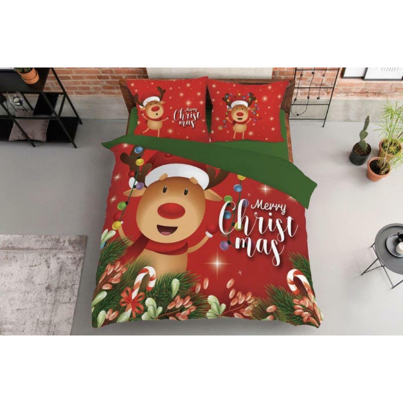 Ziemassvētku gultasveļa 160x200 3904 A Reindeers Priecīgus Ziemassvētkus sarkana zaļa kokvilna Holande Ziemassvētki