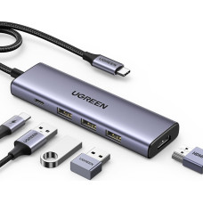 Ugreen 5in1 daudzfunkcionāls HUB adapteris USB-C 3x USB-A HDMI 4K PD 100W pelēks
