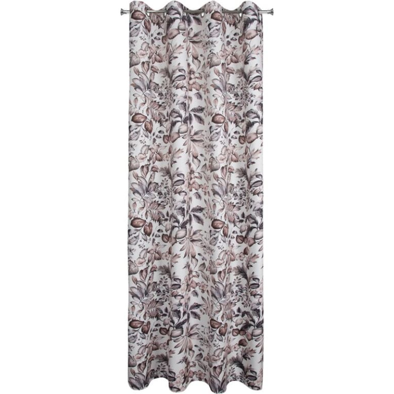 Aizkars 140x250 Hana, balts, brūns, gatavs, ziedi, lapas uz gropēm, samts