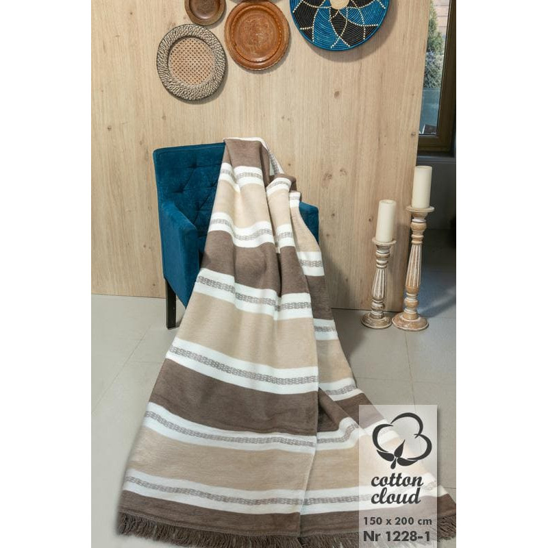 Akrila kokvilnas sega 150x200 1228/1 svītras bēšs brūns ekru gultas pārklājs pleds