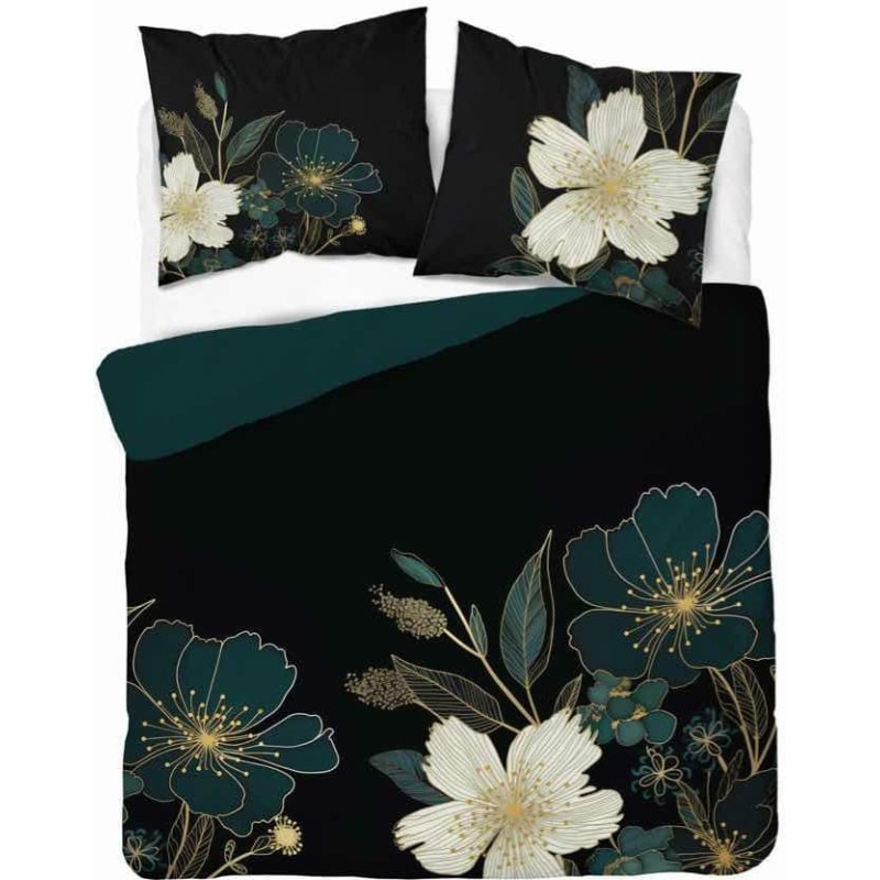 Kokvilnas gultasveļa 160x200 melni zaļi ziedi 4869 A Holland Home 73