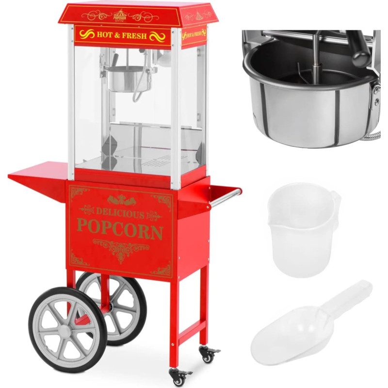 Royal Catering Profesionāla popkorna ma&scaron;īna uz ratiņiem ar RETRO apgaismojumu 88 l 1600 W sarkans