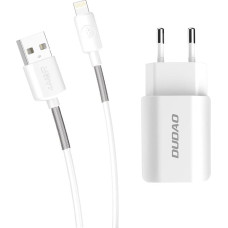 Dudao 2x USB mājas USB ceļojuma ES adapteris sienas lādētājs 5V|2.4A + Lightning kabelis balts (A2EU + Lightning balts)