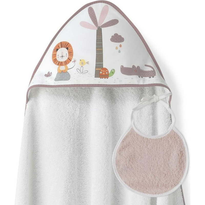 Interbaby Vannas dvielis 100x100 Lion 2 balts rozā pulvera dvielis ar kapuci + priek&scaron;autiņ&scaron;