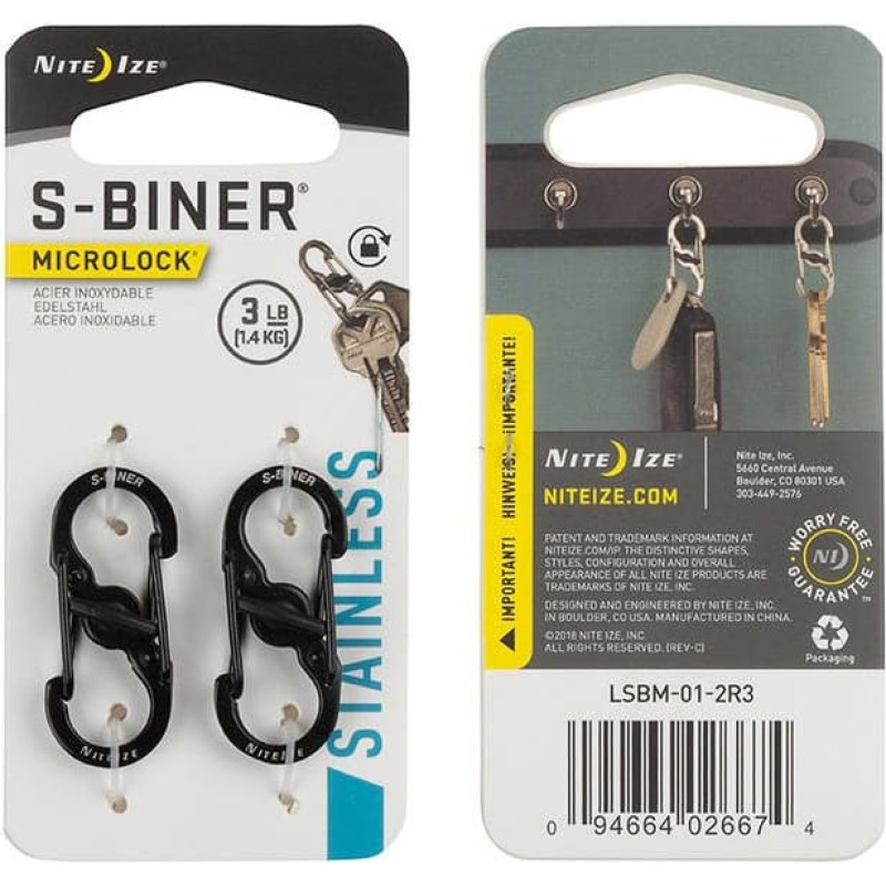 Nite Ize - S-Biner MicroLock - Melns - 2Pack - LSBM-01-2R3