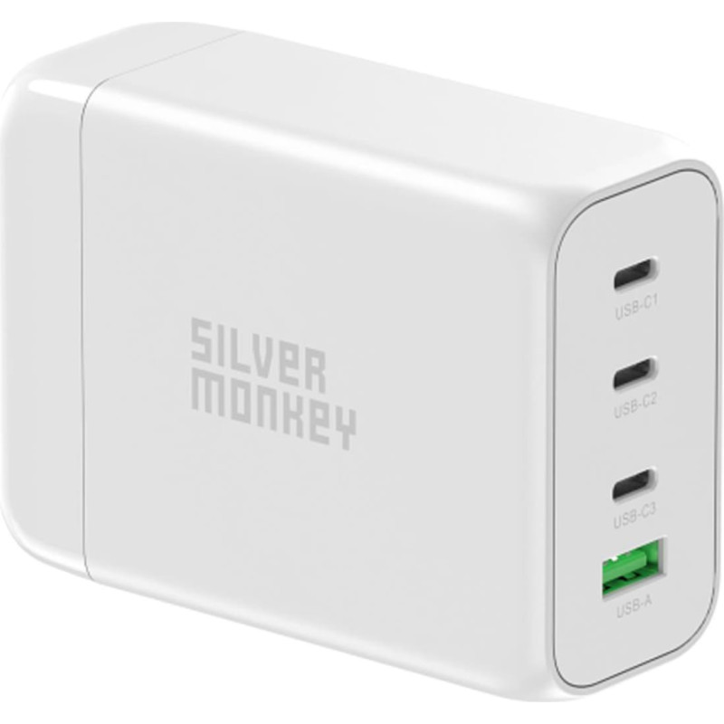 Silver Monkey GaN 130&nbsp;W sienas lādētājs ar 3xUSB-C PD USB-A QC 3.0 baro&scaron;anas kabeli, balts
