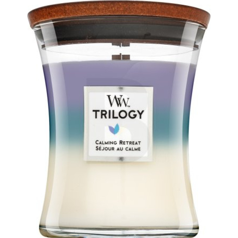 Woodwick Trilogy Calming Retreat aromātiskā svece ar koka daktu 275 g